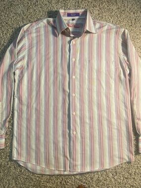 Alan Flusser Dress Shirt Men’s Small Long Sleeve Formal White Pink Striped